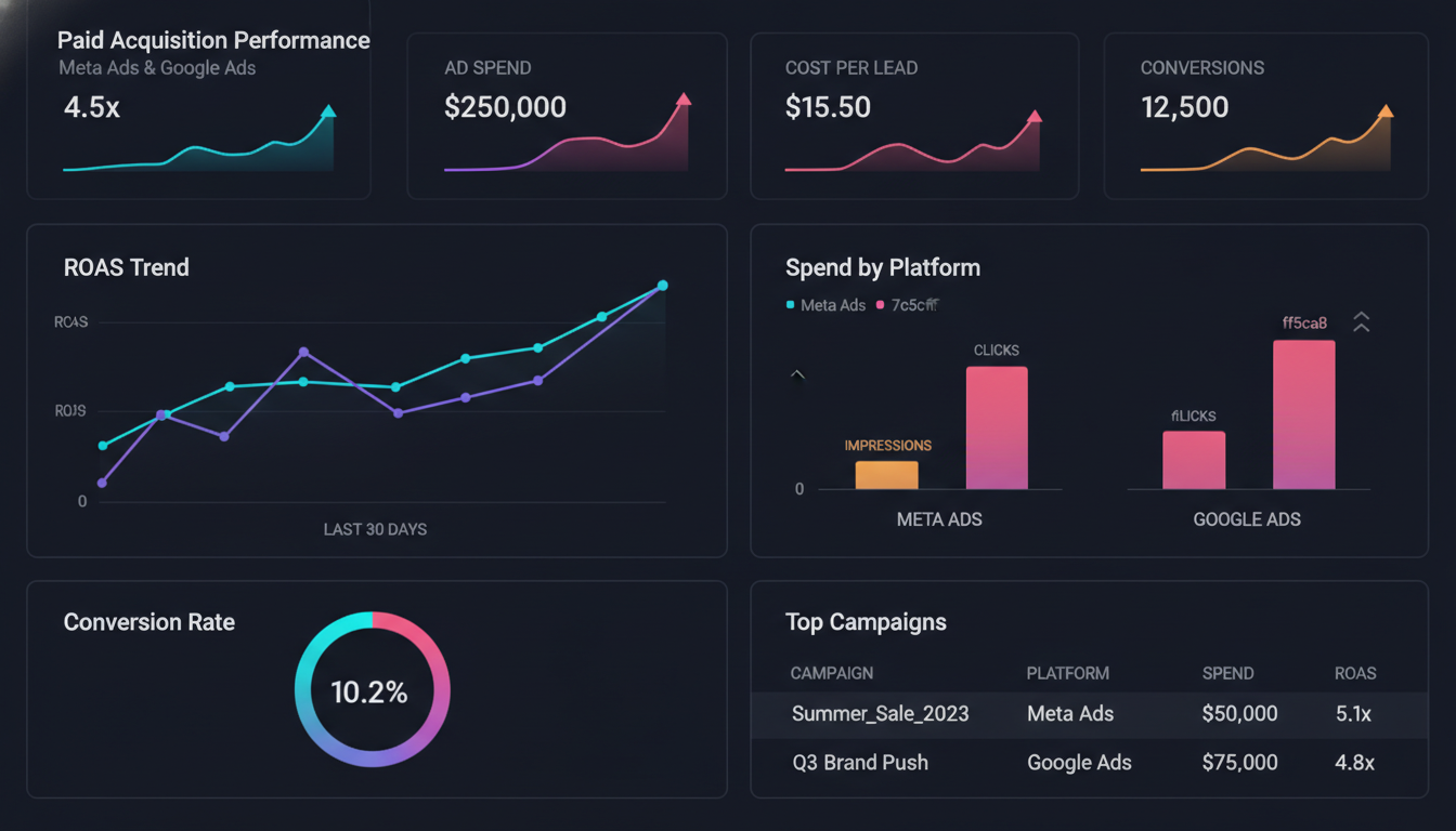 Tableau de bord d'acquisition payante Meta Ads et Google Ads : ROAS, coût par lead, conversions