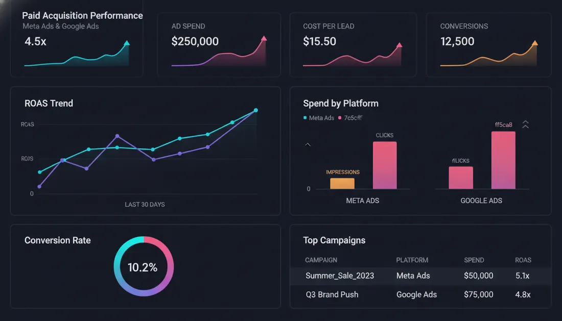 Tableau de bord des campagnes Meta et Google Ads avec ROAS et coût par lead