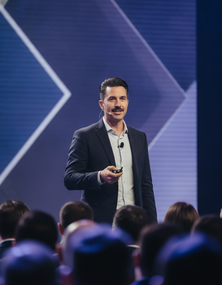 Pierre Pontgahet, fondateur de seoshake, sur scène lors d'une conférence sur l'acquisition payante et les tunnels de vente