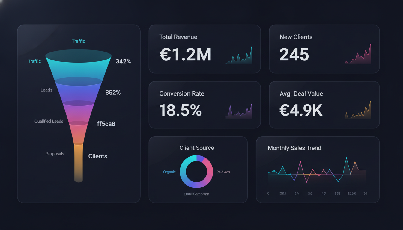 Tableau de bord des résultats d'un tunnel de vente : chiffre d'affaires, nouveaux clients, taux de conversion et valeur par client